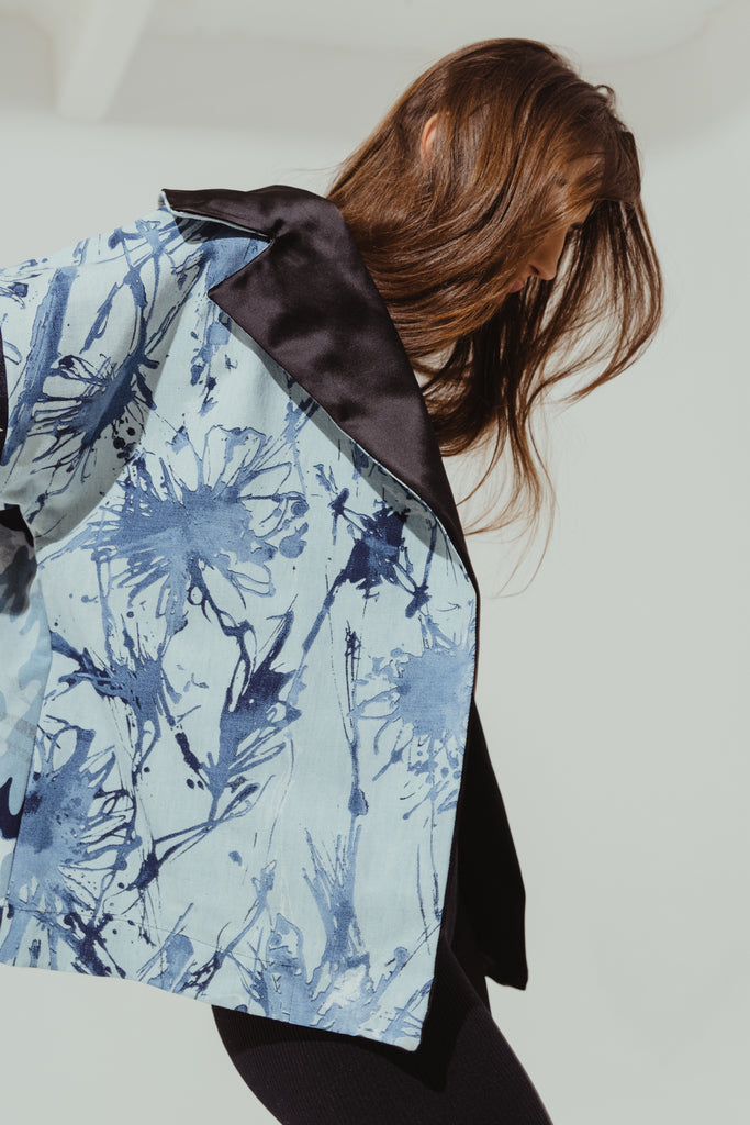 Kimono denim, patchwork kimono denim blue with black satin collar