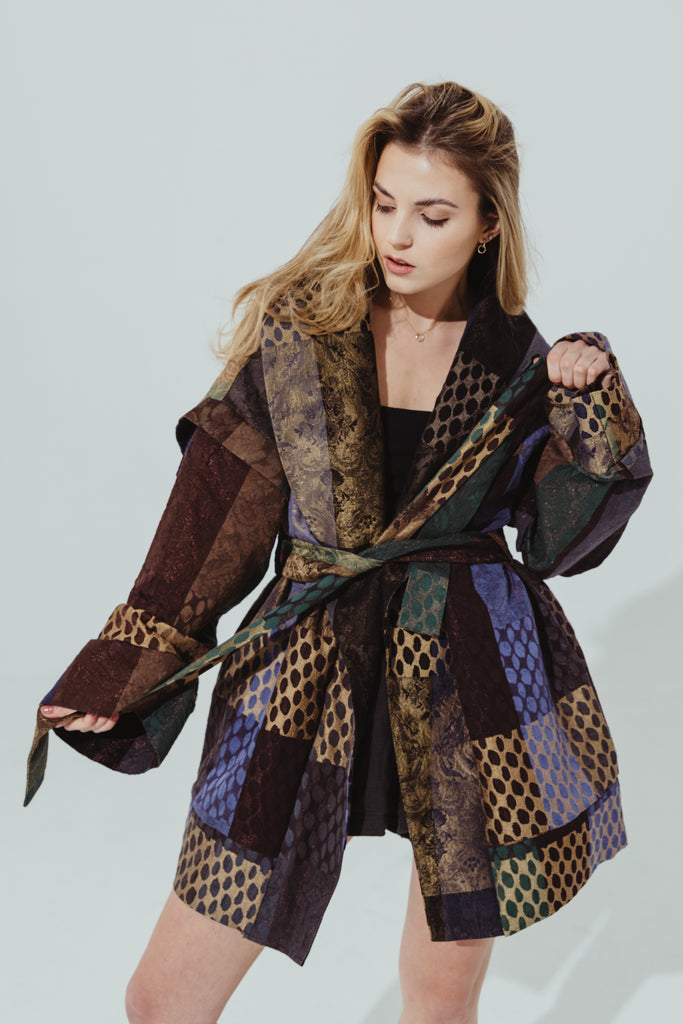 kimono jacquard, jacquard robe, jacquard kimono coat in beige, gold, brown, violet and green